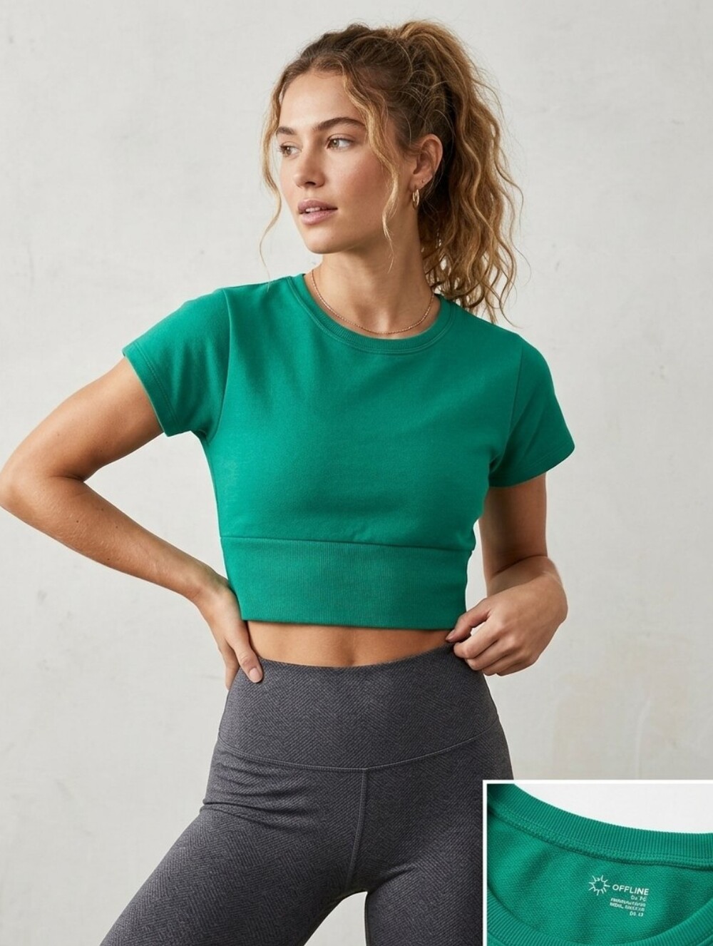 OFFLINE by Aerie Seamless Cropped Short Sleeve Top M Med Green Sweatshirt Feel